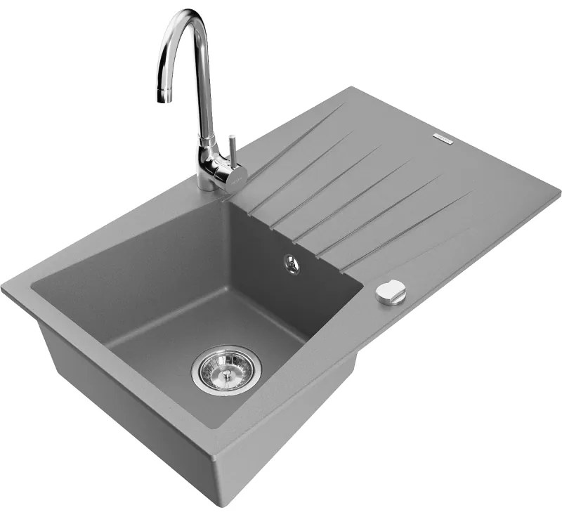Mexen Cesar, 1-komorový granitový drez s odkvapkávačom 78x47 cm a kuchynskou batériou Telma, šedá, 6514-71-670200-00
