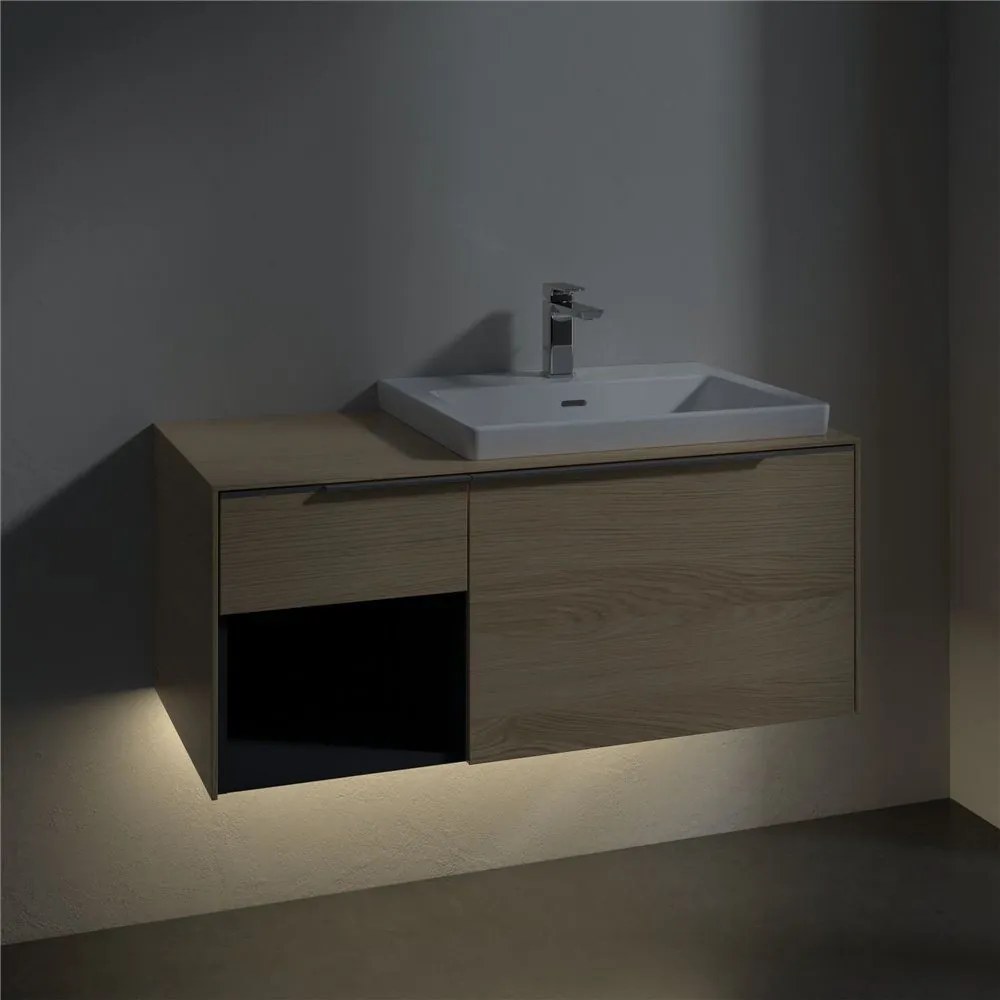 VILLEROY &amp; BOCH Subway 3.0 závesná skrinka pod umývadlo (umývadlo vpravo), 2 zásuvky + regálový prvok, s LED osvetlením, 1001 x 516 x 422,5 mm, Nordic Oak, C571L0VJ