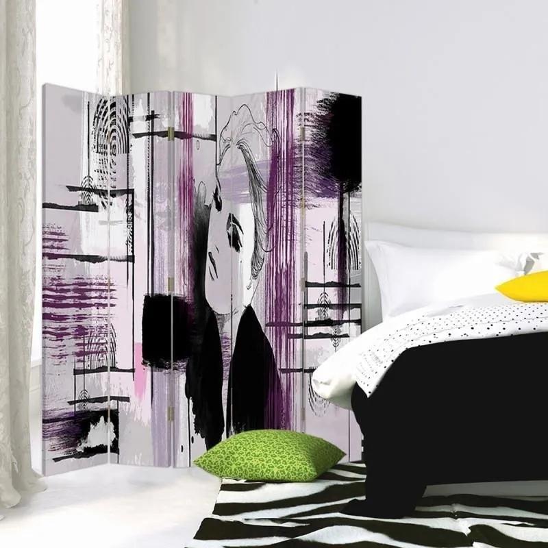 Ozdobný paraván Žena Abstraktní fialová - 180x170 cm, päťdielny, obojstranný paraván 360°