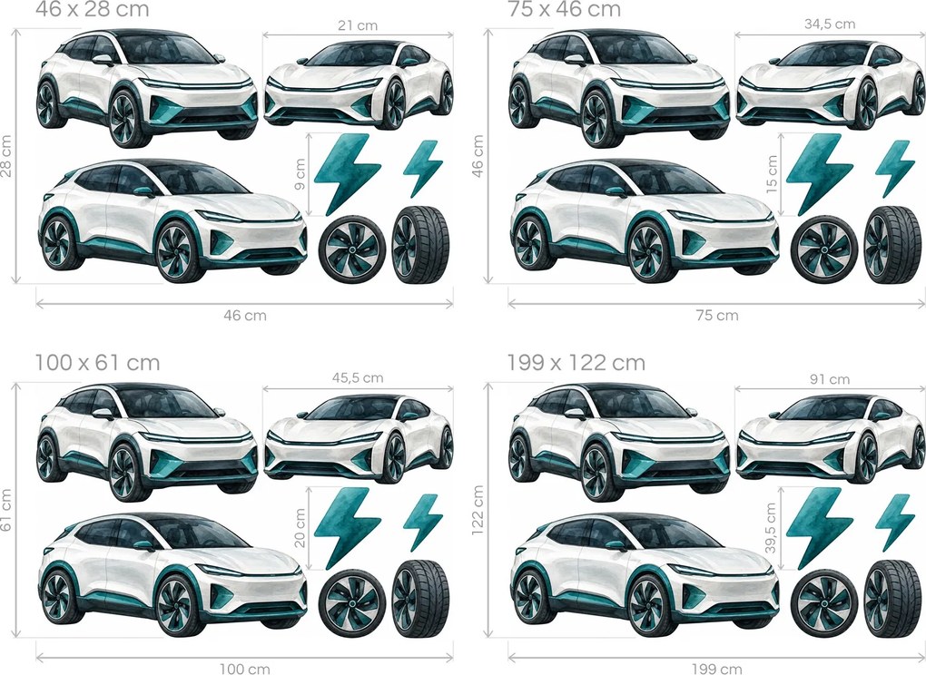 Moderné elektromobily akvarelové nálepky na stenu pre mladých technikov arch 199 x 122 cm