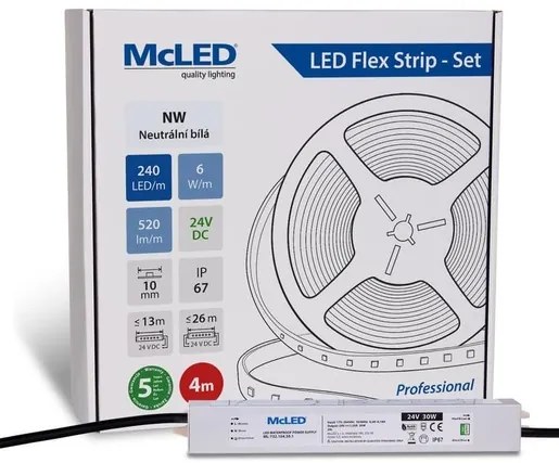 McLED LED páska - sada 4 m, 240 LED/m, NW, 6 W/m, DC 24V, 520 lm/m, CRI90, IP67, 10 mm, vodič 3 m ML-126.033.90.S04001