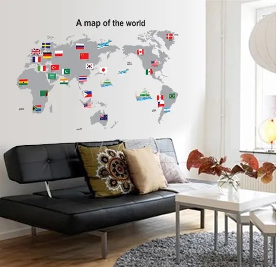 Veselá Stena Samolepka Mapa Sveta s vlajkami