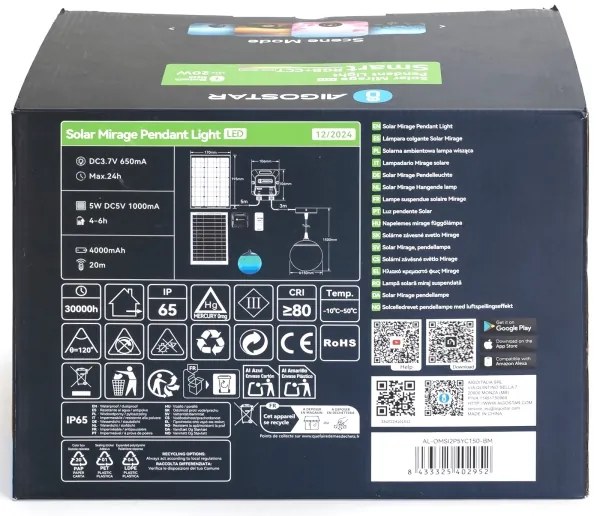 Aigostar-LED RGBW Solárny luster MESH 20W/3,7V 4000 mAh 2700K-6500K IP65 pr. 15 cm