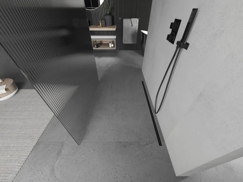 Mexen Kioto, sprchová zástena Walk-In 130 x 200 cm, 8mm sklo s rebrovým vzorom, čierny profil, 800-130-002-70-09