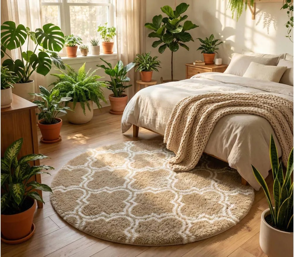 TZ Béžový okrúhly vzorovaný koberec shaggy Decor Latern Rozmer: 120 cm