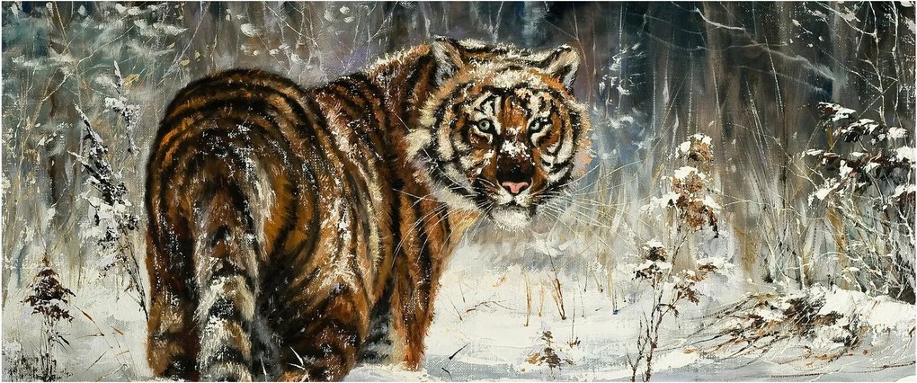 Obraz - Tiger v zasneženom lese, olejomaľba (120x50 cm)