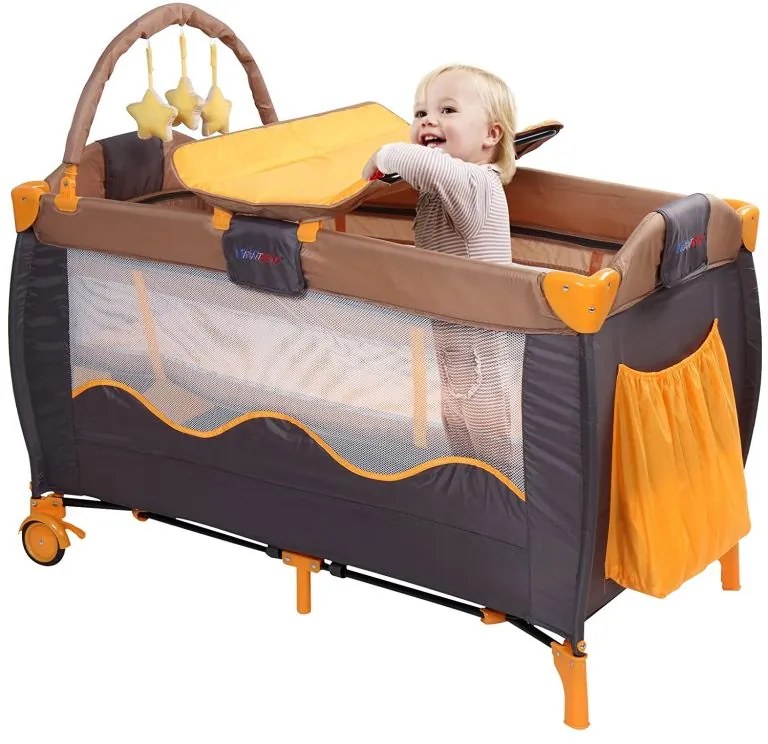 Detská postieľka, cestovná, oranžová/sivá