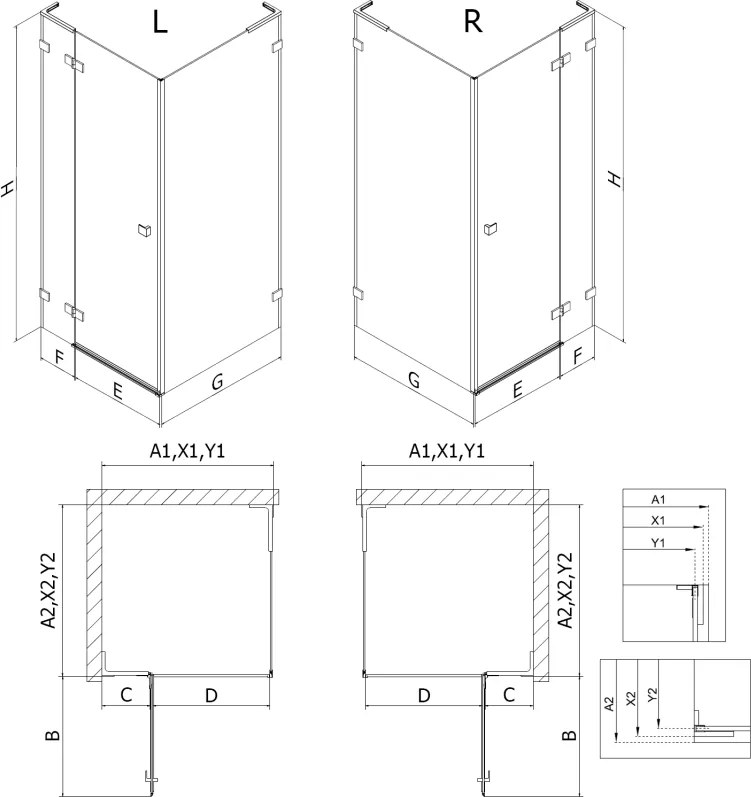 Mexen Lunar L, 1-krídlový sprchový kút, pravý, 90 x 90 cm, 8mm číre sklo, medený profil, 834L-090-090-65-00-P