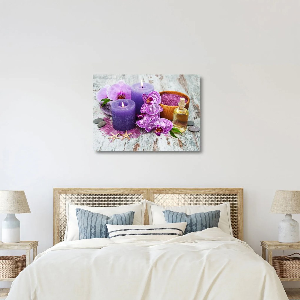 Sklenený obraz orchideí a sviečok (70x50 cm)