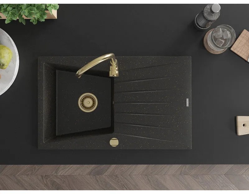 Mexen Cesar, granitový drez 775x470x190 mm, 1-komorový, čierna-zlatá metalíza so zlatým sifónom, 6514771010-75-G