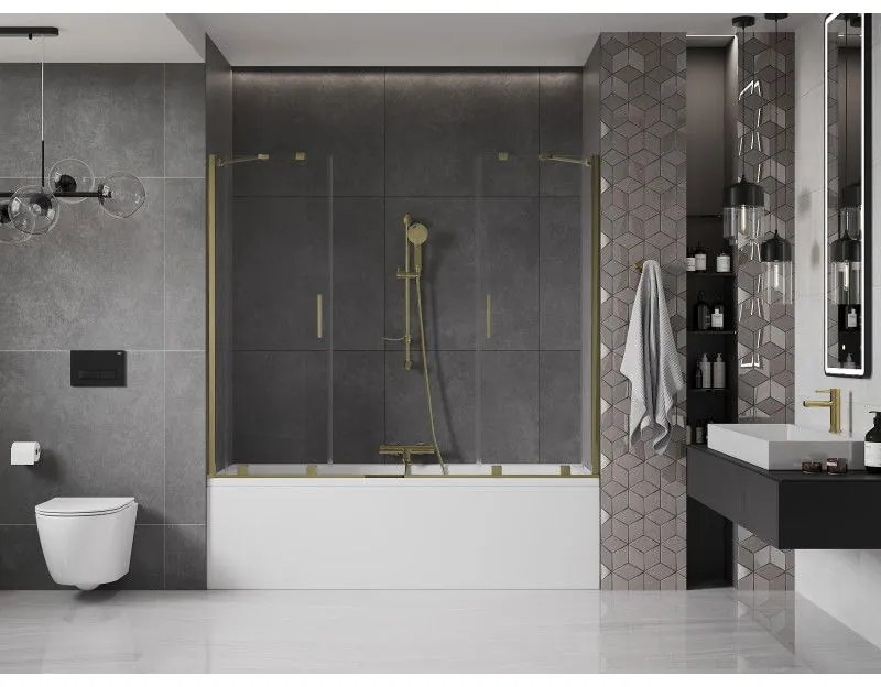 Mexen Velar Duo, vaňová zástena 2-krídlová s posuvnými dverami 190 x 150 cm, 8mm číre sklo, zlatý lesklý profil, 896-190-000-02-50