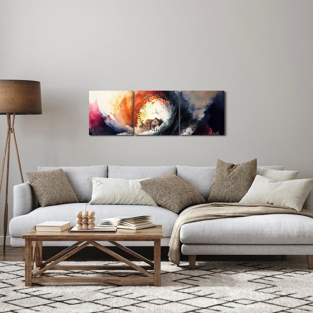 Obraz - Vo víre povodne, akvarel (s hodinami) (90x30 cm)