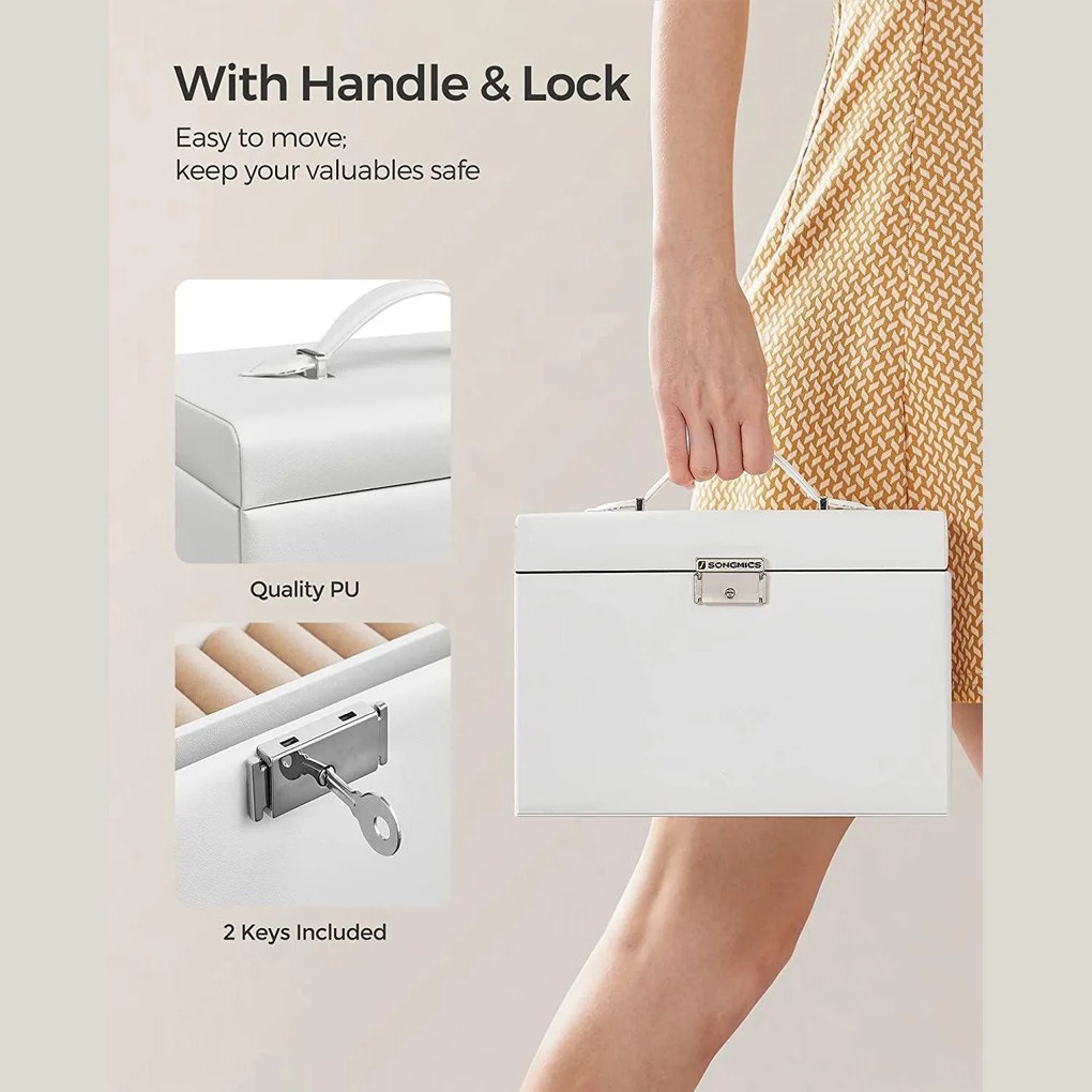 Šperkovnica s 2 zásuvkami, uzamykateľná, so zrkadlom, biela