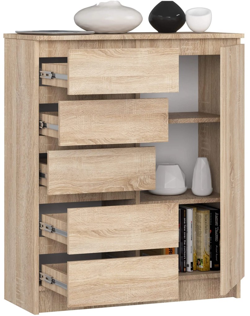 Komoda JERRY 80 cm 1 dvere 5 zásuviek dub sonoma
