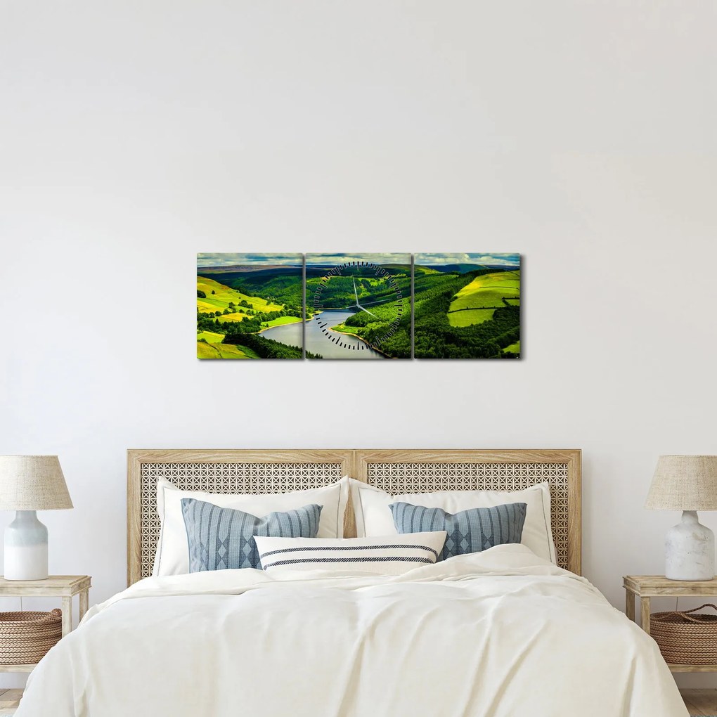 Obraz - Zelená krajina (s hodinami) (90x30 cm)
