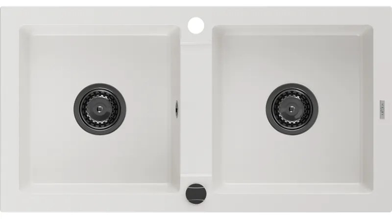 Mexen Mario, granitový drez 820x436x161 mm, 2-komorový, biela s čiernym sifónom, 6504822000-20-B