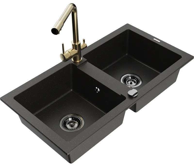 Mexen Mario, 2-komorový granitový drez 820x436x161 mm a zlatá drezová batéria Duero, čierna-zlatá metalíza, 6504-75-671600-50-B