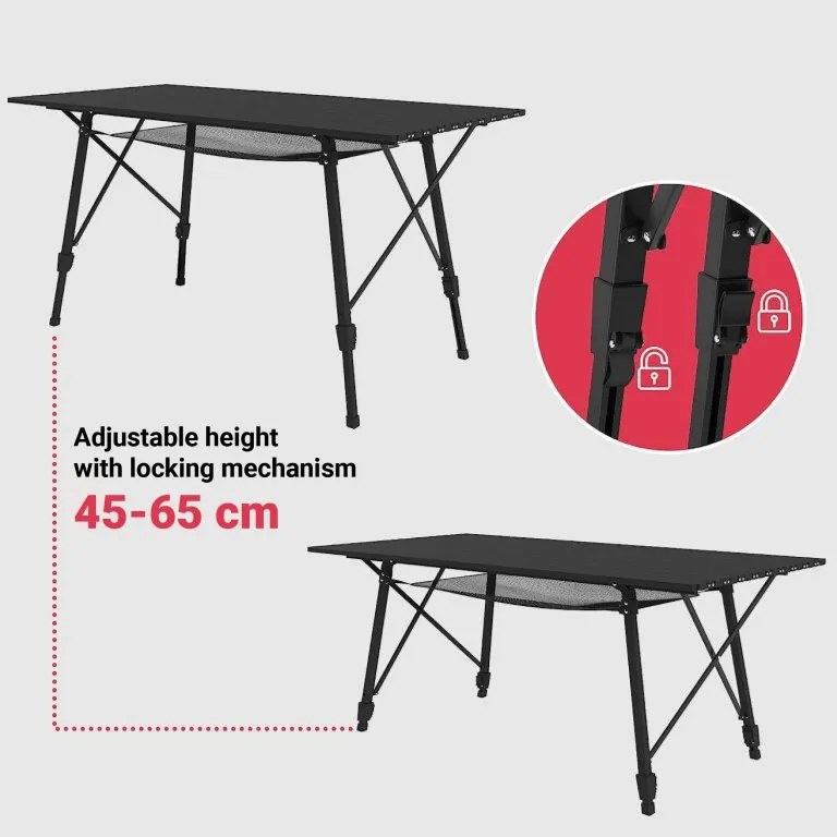 Miadomodo skladací kempingový stôl hliníkový JG95144 výškovo nastaviteľný 45-65 cm čierny s taškou