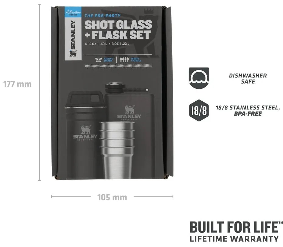 Čierna súprava ploskačky a štamperlíkov 6 ks z nehrdzavejúcej ocele 250 ml Adventure Black – Stanley