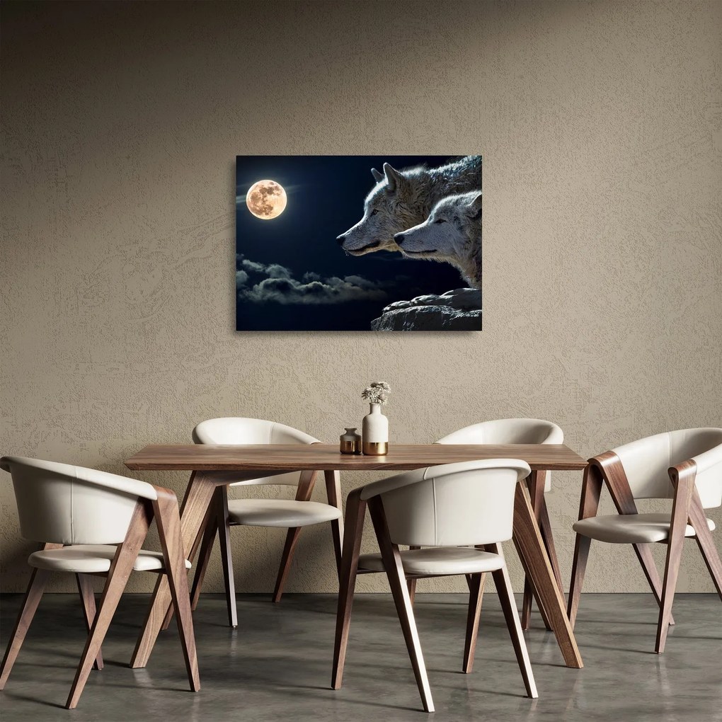 Sklenený obraz vlkov vyjúcich na mesiac (70x50 cm)