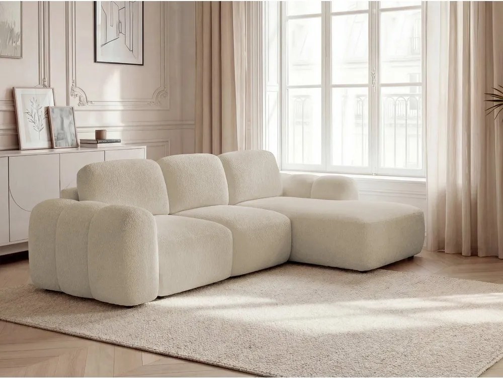 Béžová rozkladacia/s úložným priestorom rohová pohovka z textílie buklé (pravý roh/s leňoškou) Montaigne – Bobochic Paris