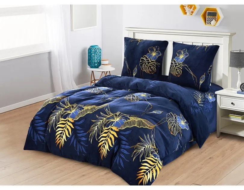 Mikroplyšové posteľné obliečky modrej farby s rastlinným motívom Rozmer: 160x200 + 2x 70x80