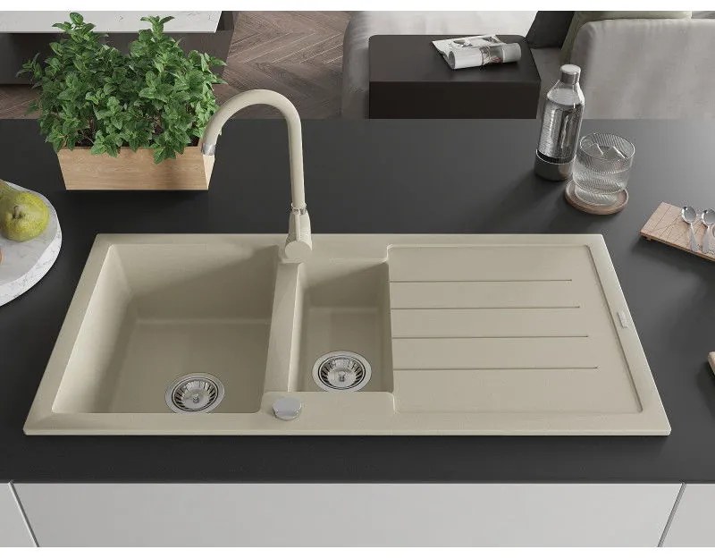 Mexen Andres 1,5-komorový granitový kuchynský drez s odkvapkávačom 100x50 cm a kuchynská batéria Telma, béžová, 6515-69-670200-69