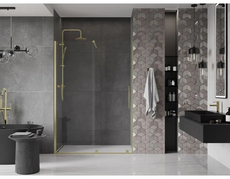 Mexen Velar, posuvné dvere do otvoru 140x200 cm, 8mm číre sklo, zlatá matná, 871-140-000-01-55