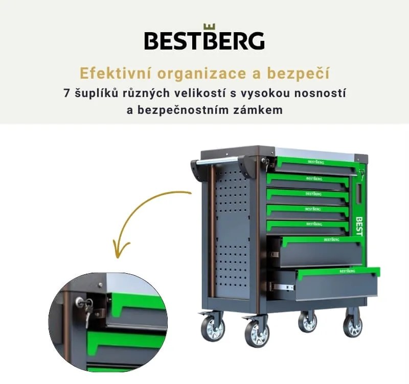 Kovový pojazdný dielenský vozík so 7 zásuvkami BestBerg BBTC-702 / SPCC steel