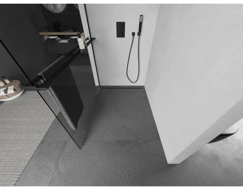 Mexen Kioto+ L, sprchová zástena Walk-In s poličkou a vešiakom 50 x 200 cm, 8mm číre sklo, čierny profil, 800-050-123-70-00