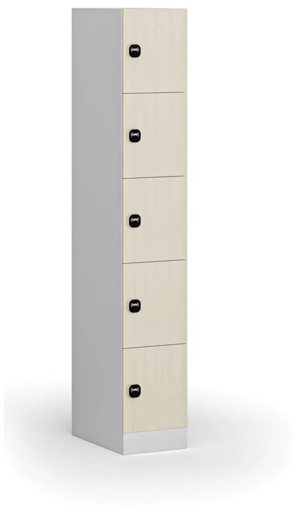Šatníková skrinka s úložnými boxmi, 5 boxov, 1850 x 300 x 500 mm, zámok s čítačkou RFID kariet, laminované dvere, breza