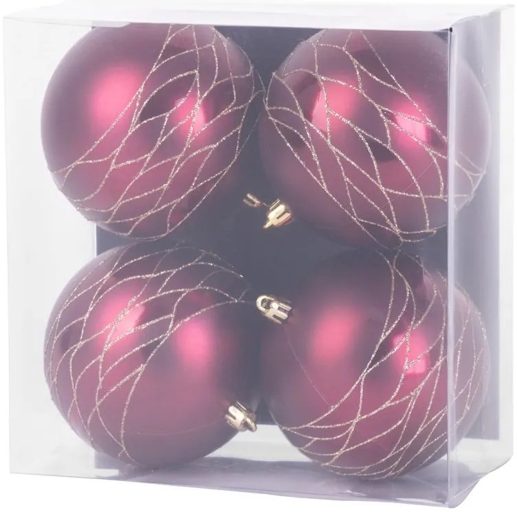 Gule MagicHome Vianoce, 4 ks, bordové, matné, s dekoráciou, na vianočný stromček, 10 cm