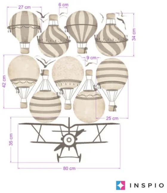 Samolepky balóny a lietadlo v neutrálnych odtieňoch