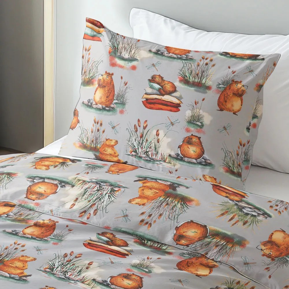 Biante Detské bavlnené posteľné obliečky Sandra SA-711 Kapybary na sivom Predĺžené 140x220 a 70x90 cm