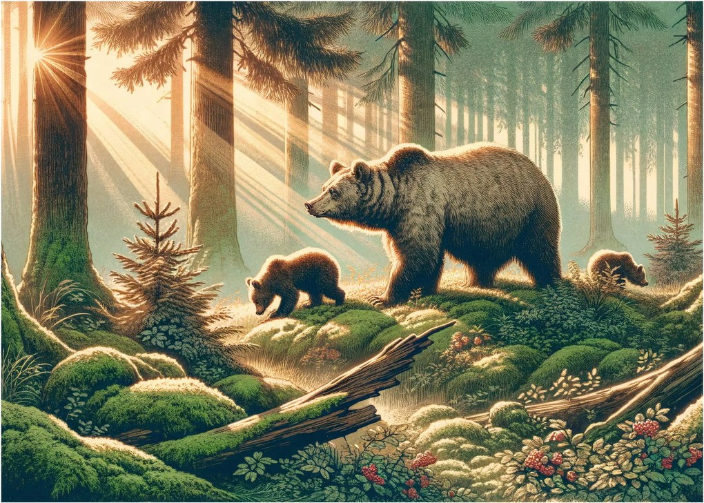 Sklenený obraz - Medvede v lese (70x50 cm)
