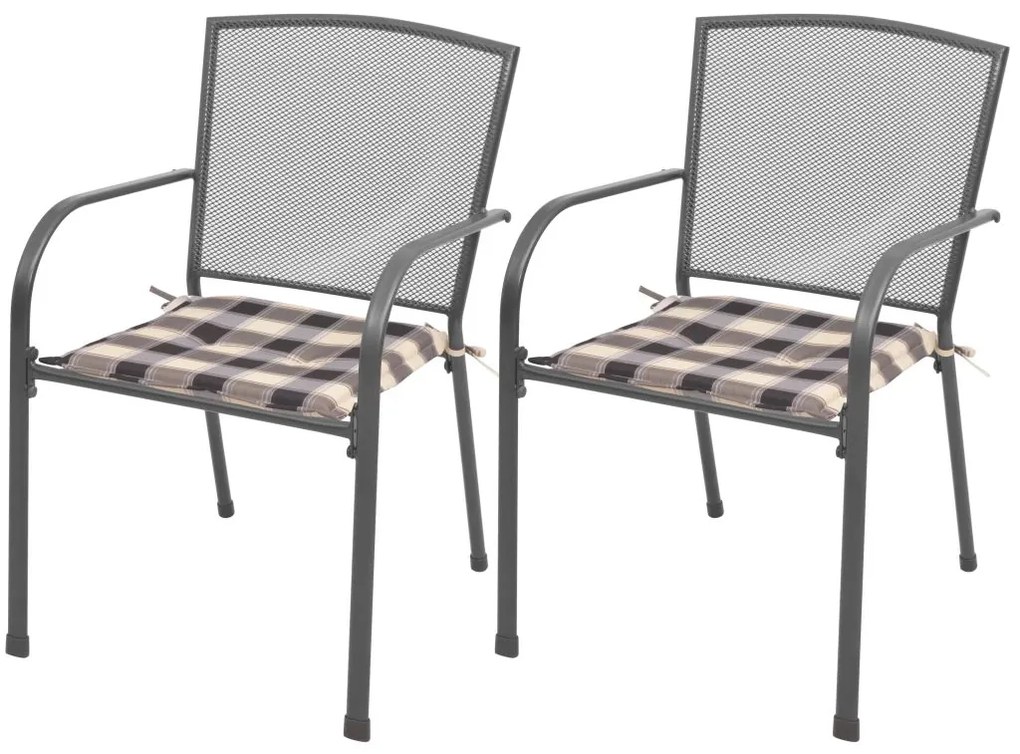 vidaXL Vonkajšie stohovateľné jedálenské stoličky s vankúšmi, 2 ks, oceľová sieťovina