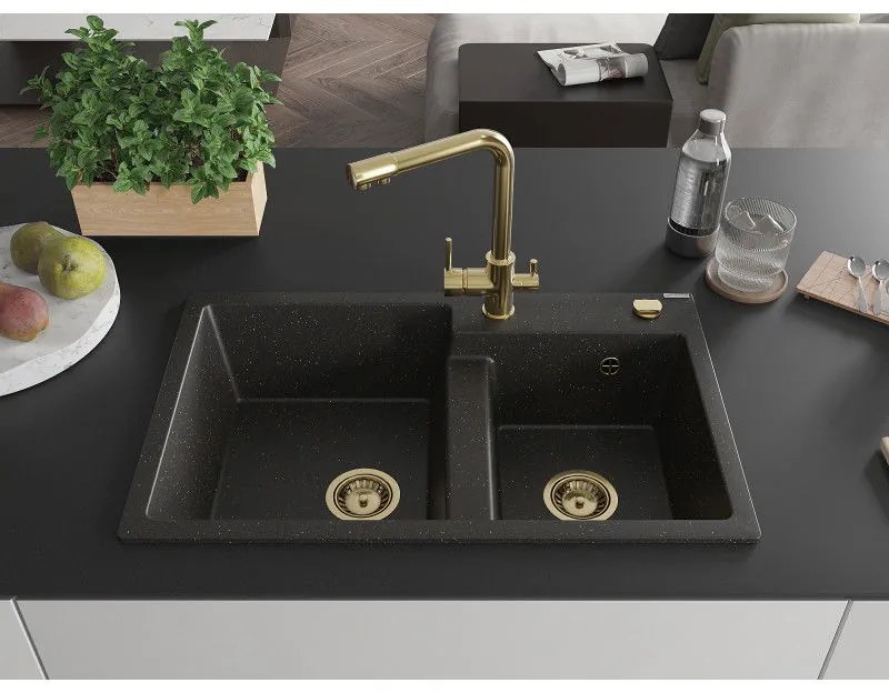Mexen Tomas, granitový drez 800x500x190 mm, 2-komorový a zlatá batéria Duero, čierna - zlatá metalíza, 6516-75-671600-50