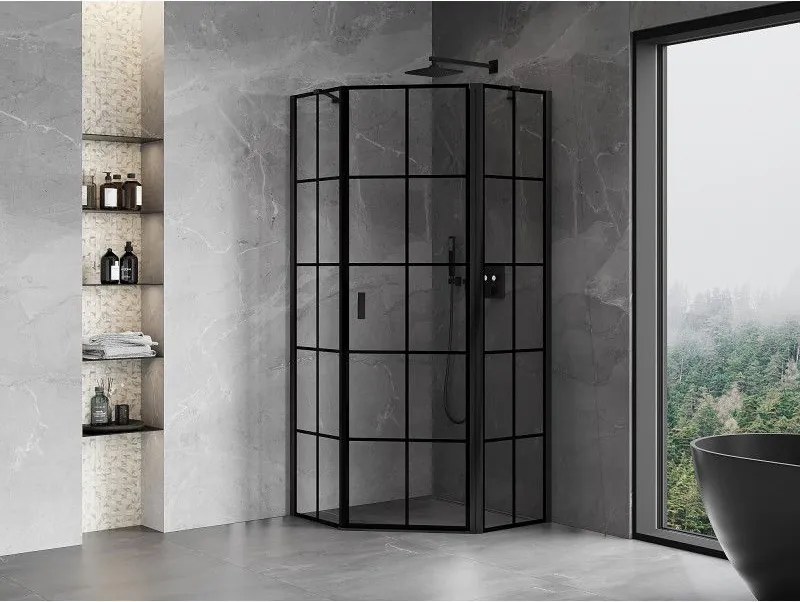 Mexen Mist, päťuholníkový sprchový kút, pravý 80 x 80 cm, číre sklo-čierna mriežka, 8A8-080-080-70-77-P