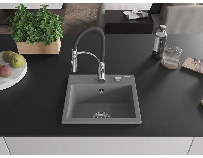 Mexen Milo, 1-komorový granitový drez 435x410x171 mm a drezová batéria Aster, šedá, 6505-71-73450-07