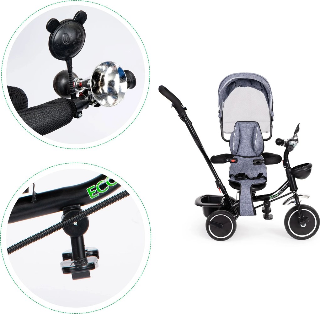 ECOTOYS trojkolka s otočným sedadlom 360°, strieška, košík, rodičovská rukoväť (šedá)