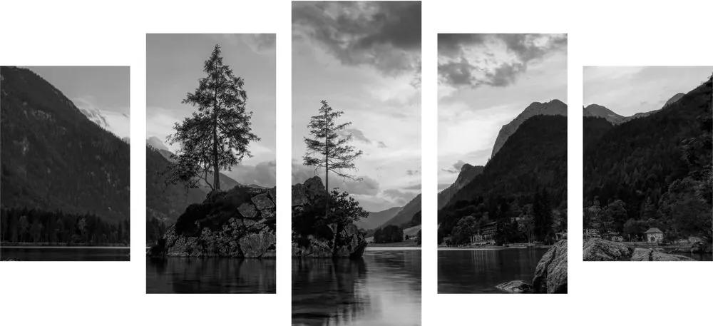 5-dielny obraz čiernobiela horská krajina pri jazere - 100x50