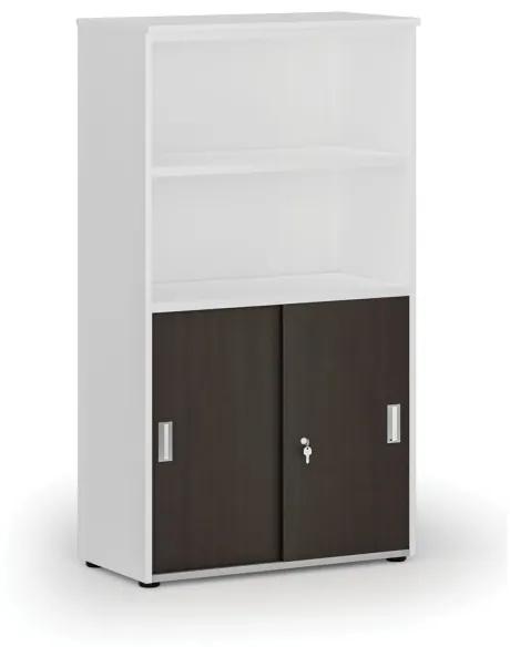 Kombinovaná kancelárska skriňa PRIMO WHITE, zasúvacie dvere na 2 poschodia, 1434 x 800 x 420 mm, biela/wenge