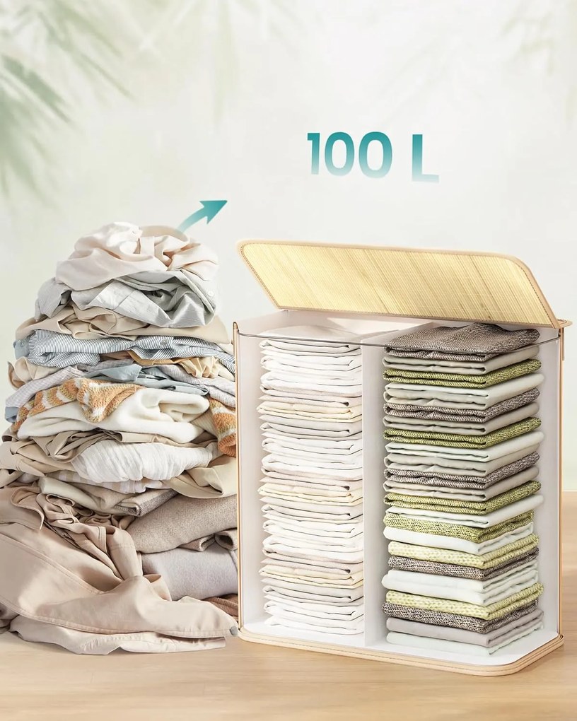 Prádlový kôš s 2 priehradkami, 100 l, s viečkom, prírodná farba