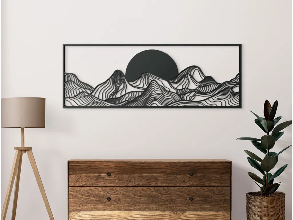drevko Široký obraz Západ slnka za horami Rozmer obrazu: 32 x 89 cm, Farba dekorácie: Čierna