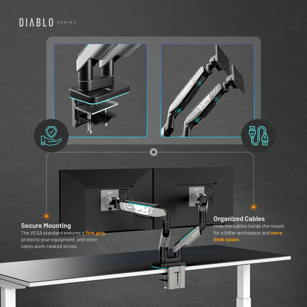 Držiak na dva monitory 35" RGB, sivo-čierny: Diablo X-Arm Dual