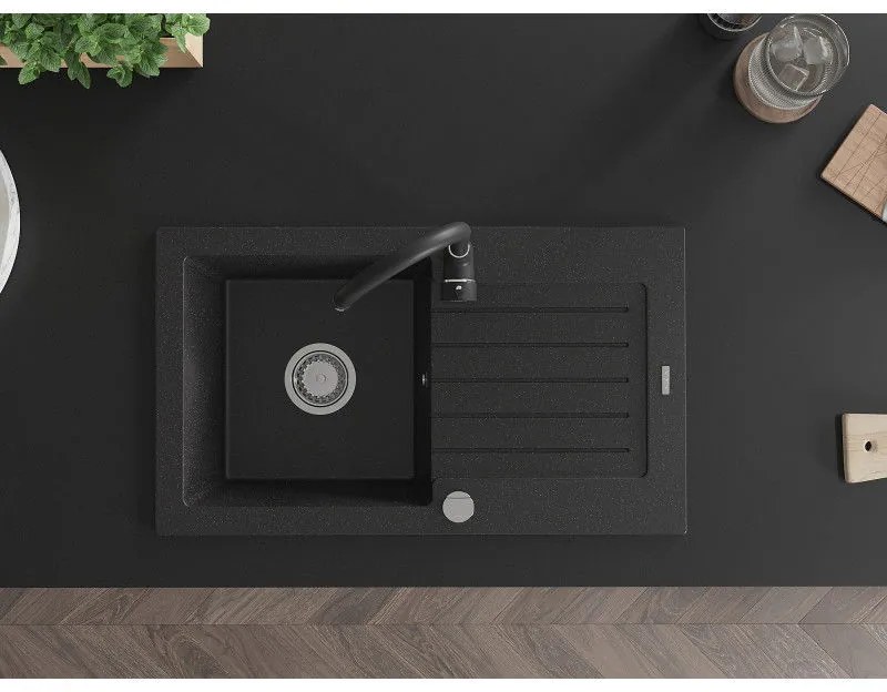 Mexen Pablo, 1-komorový granitový drez s odkvapkávačom 75x44 cm a kuchynskou batériou Telma, čierna-strieborná, 6510-73-670200-70
