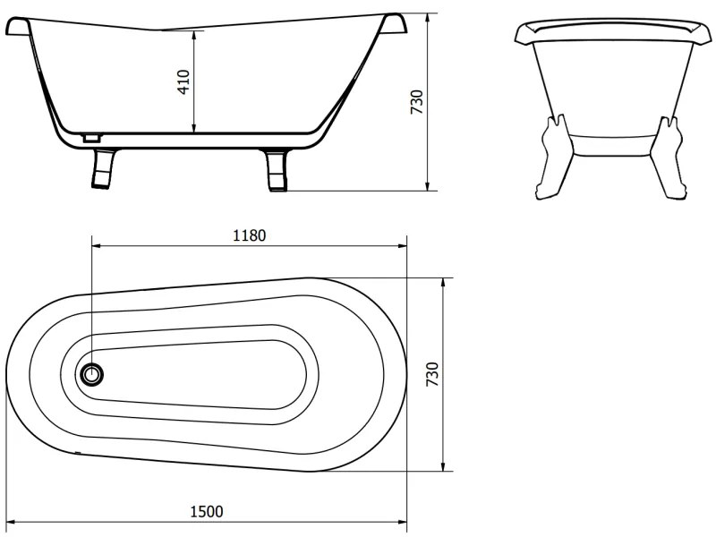 Mexen Retro, voľne stojaca vaňa 150 x 73 cm, biela, biele nohy, 53251507300-20