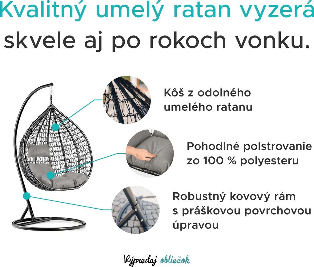 Čierne závesné kreslo KOKON so stojanom, sivý vankúš