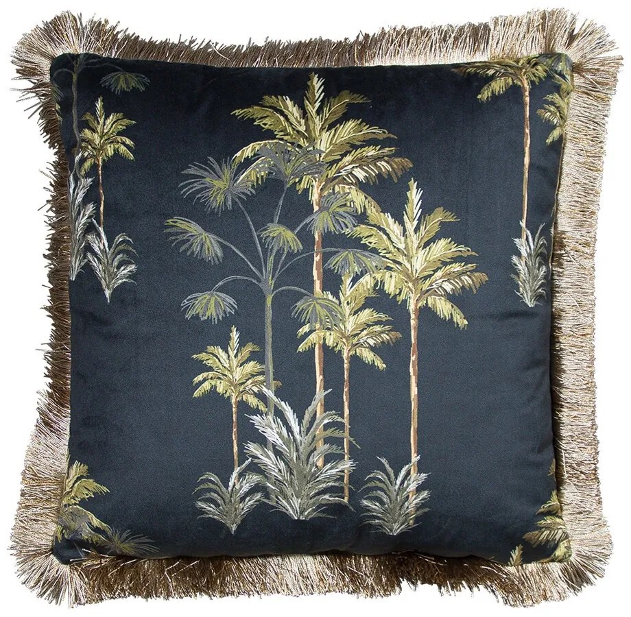 Čierny zamatový vankúš s palmami a třásňovitým lemom - 45 * 45 * 10cm