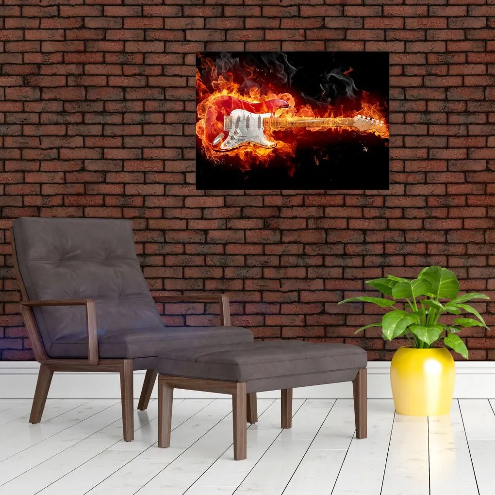 Sklenený obraz - Gitara v plameňoch (70x50 cm)